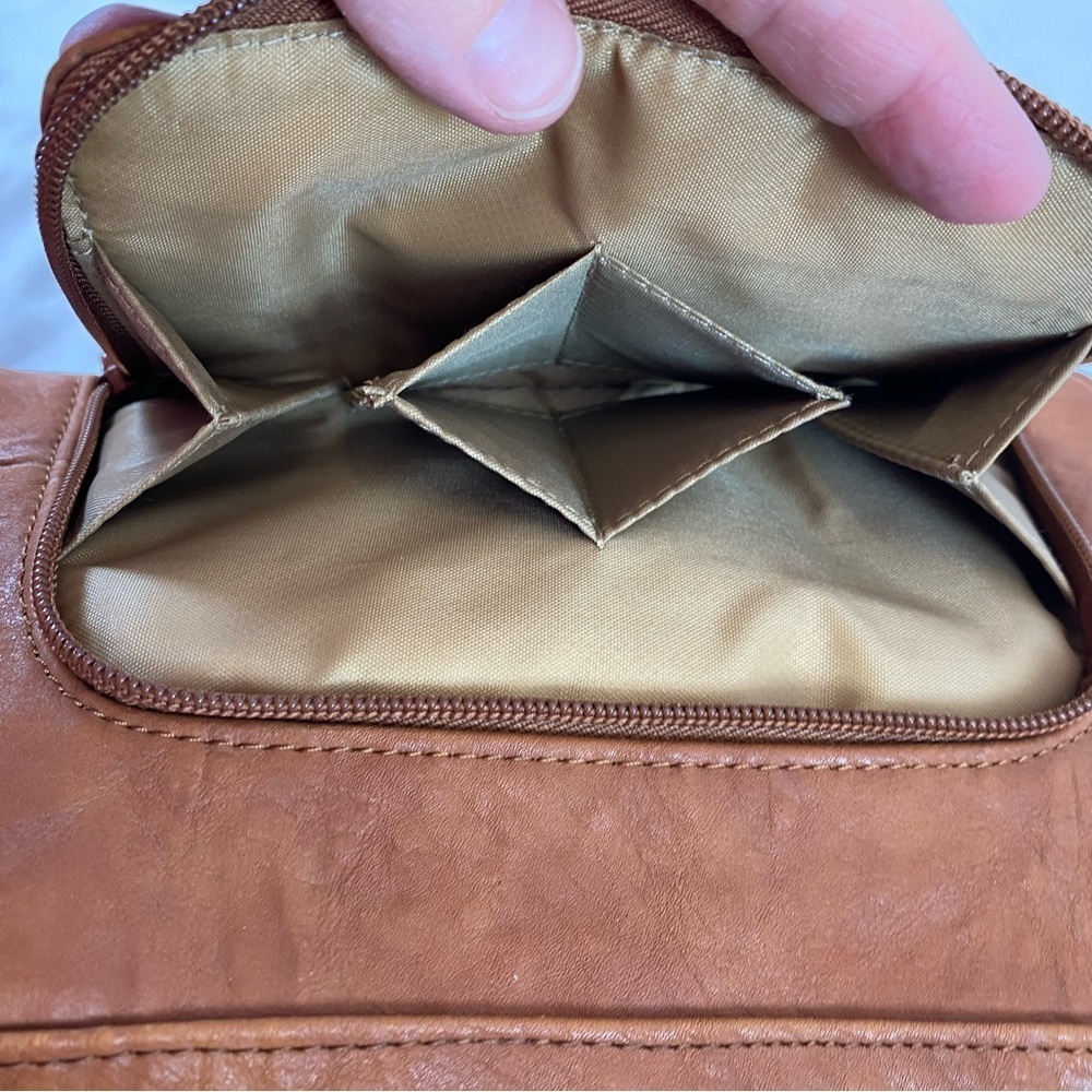 Cognac Faux Leather Organizer Shoulder Bag | Multi-Zip Everyday Purse - Picture 11 of 13